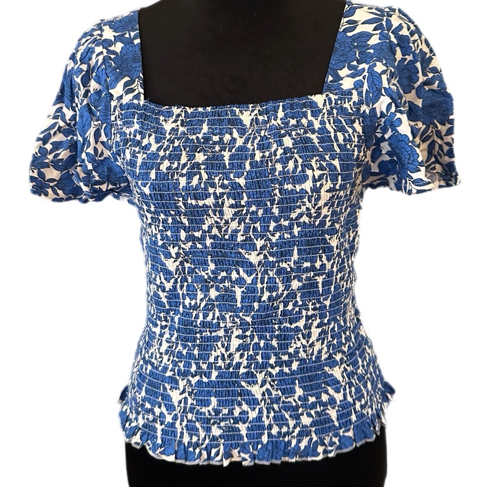 Japna Blue and White Floral Smocked Blouse